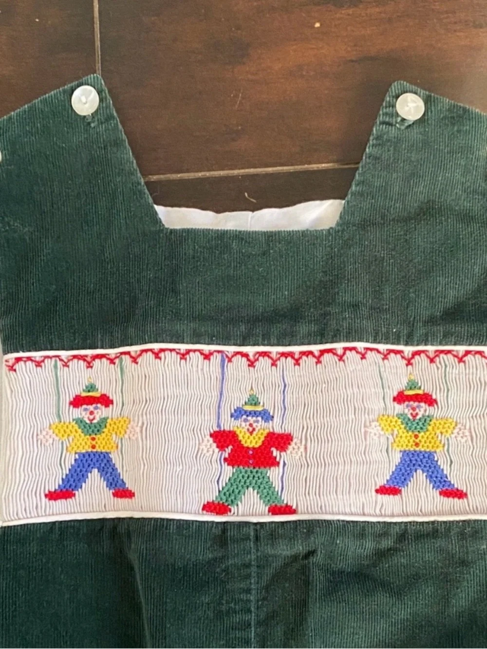 Vintage Anavini Green Corduroy Kids Short Overalls Embroidered Puppets